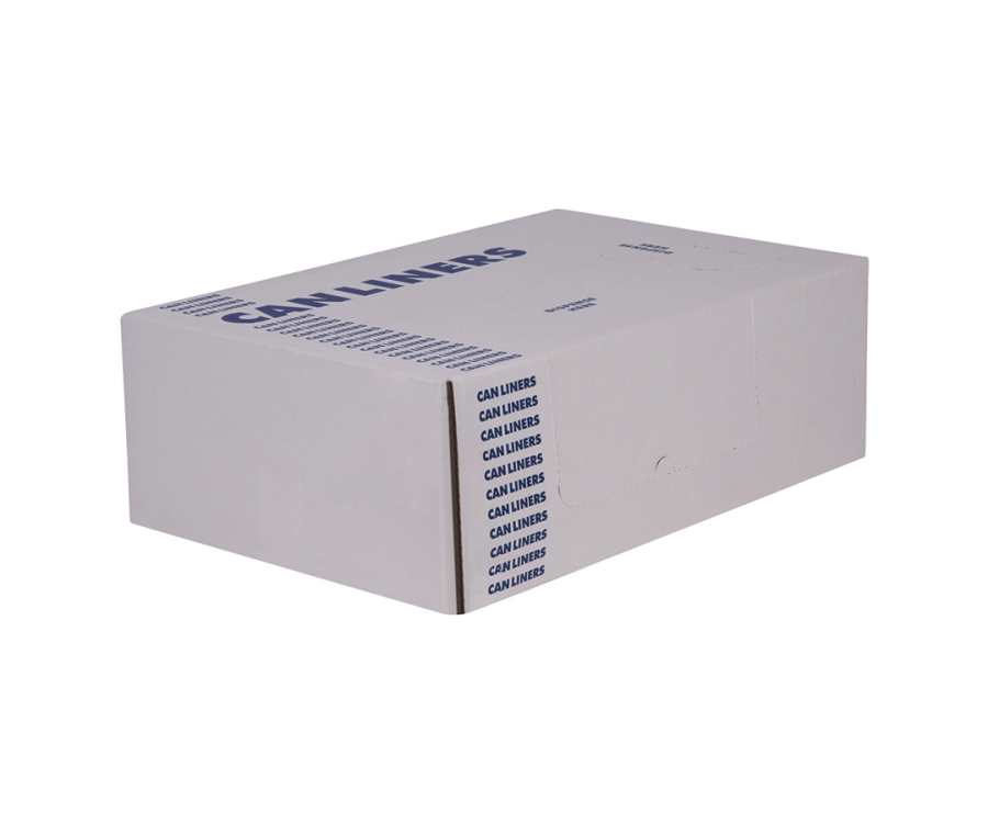 A white rectangular box with printed text stacked on its side, designed for packaging and storage purposes. Eco Blend® Max 1.0-Mil. 40-45 Gal. LLDPE Black Can Liner (38 in. x 50 in., 20/Roll, 100/Case)